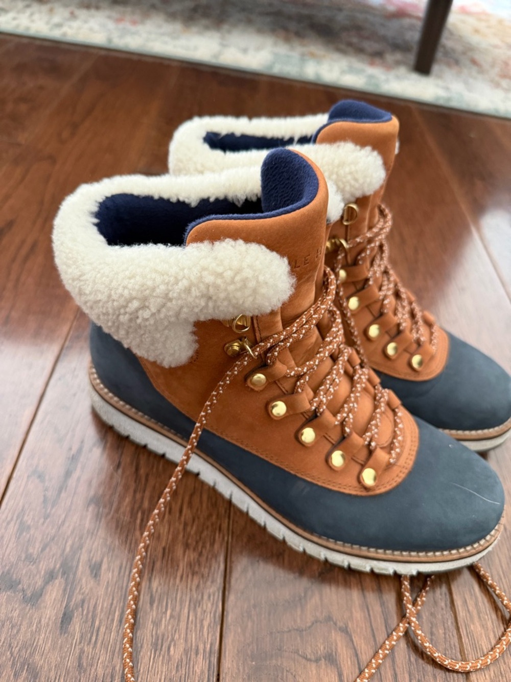 Cole Haan Tan and Navy Leather Shearling Hiker Boots